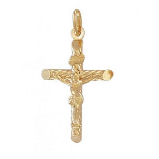 375 9CT GOLD YELLOW 33X20MM RIBBED TUBULAR CRUCIFIX WITH BEVELLED EDGE PENDANT
