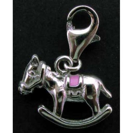 925 Sterling Silver Pink Rocking Horse Drop Charm Pendant For Charm Bracelets