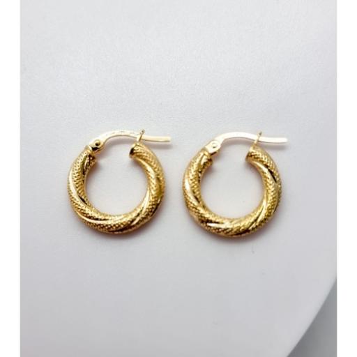375 9ct Gold 15x3mm Round Basket Weave Satin Twisted Tube Hoop Earrings