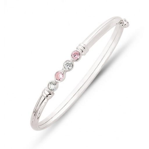 Sterling Silver Childs Pink And White Cubic Zirconia Eternity Bangle Gift Box