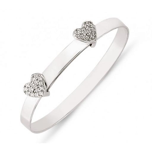 925 Sterling Silver Polished Expandable Baby ID Bangle Double CZ Hearts