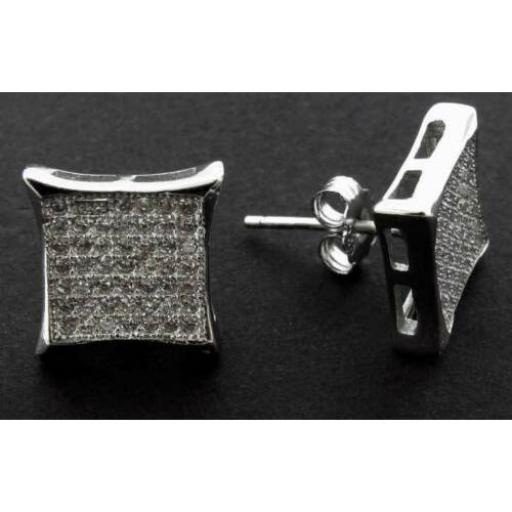 925 STERLING SILVER 10MM PAVE SET CUBIC ZIRCONIA SQUARE SHAPE STUD EARRINGS GIFT BOX