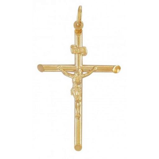 375 9ct Gold Yellow 66x33mm Tubular Crucifix With Bevelled Edge Gift Box