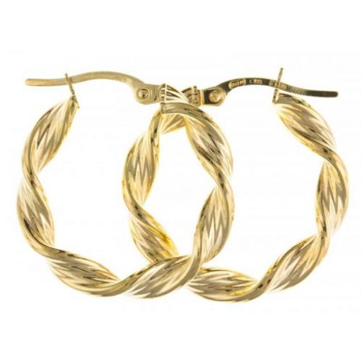 9ct Gold Hoop Earrings 3mm Ribbon Creole Satin Twist Tube Patterened Round Gift Box