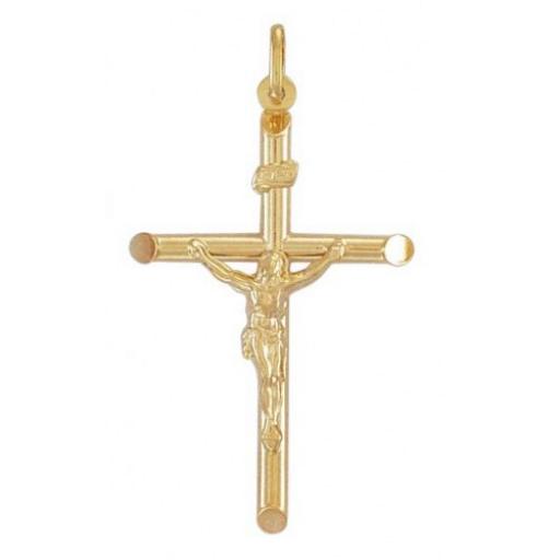 375 9ct Gold Yellow 51x19mm Tubular Crucifix With Bevelled Edge Gift Box