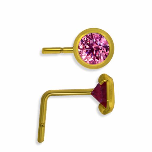 9ct Gold 3.5mm Round White Pink And Purple Cubic Zirconia Rub Over Nose Studs