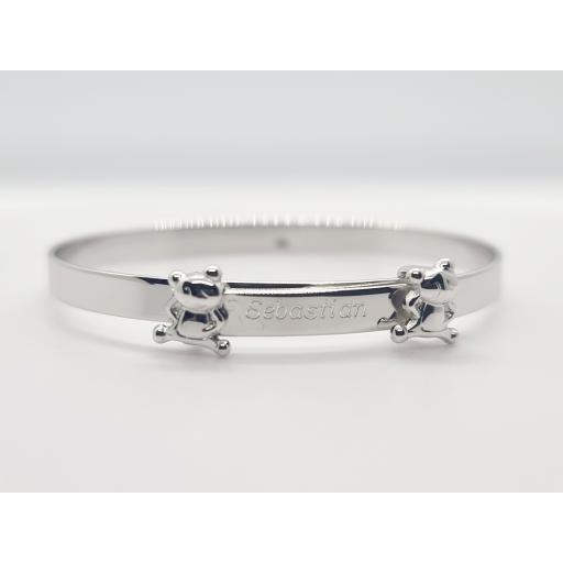 925 Sterling Silver Polished Expandable Baby Double Teddy Bangle Gift Box