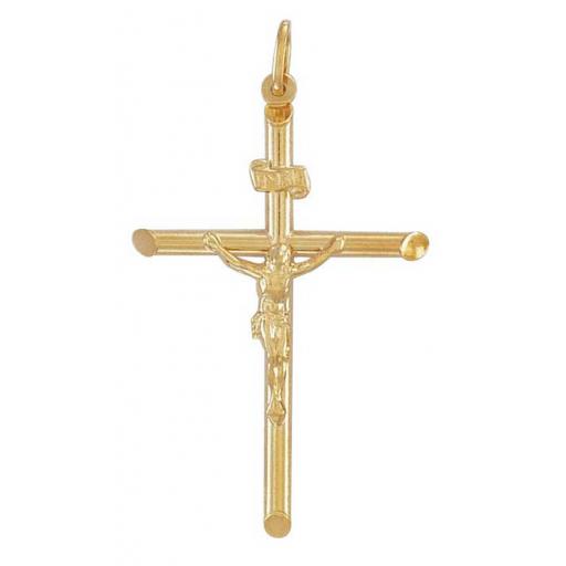 375 9ct Gold Yellow 66x33mm Tubular Crucifix With Bevelled Edge Gift Box