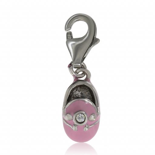 925 Sterling Silver 22mm Pink Cz Baby Shoe Charm