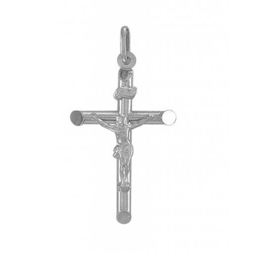 375 9ct White Gold 41x22mm Tubular Crucifix With Bevelled Edge Gift Box
