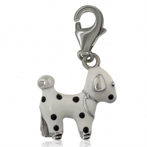 925 Sterling Silver White Spotty Dog Lever Charm Pendant For Charm Bracelets