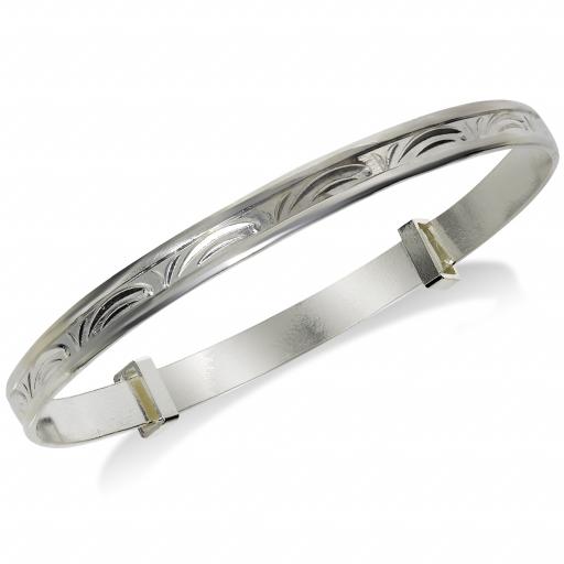 925 Sterling Silver Expandable Baby Engraved Scrolls Pattern Bangle Gift Box