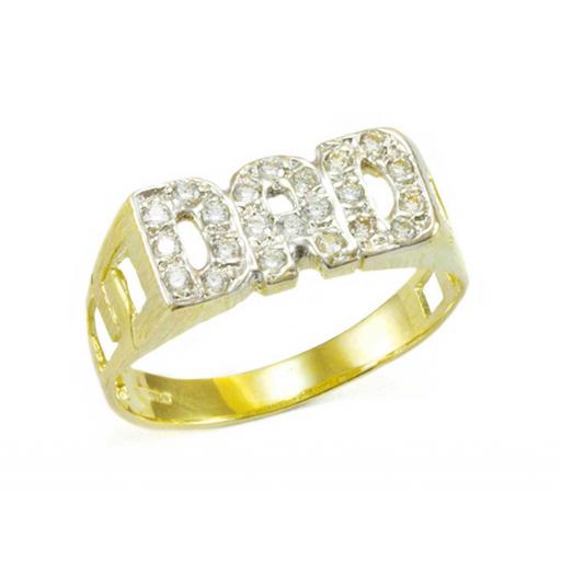 9ct Gold Dad Ring With Pave Set Cubic Zirconia Curb Link Pattern On Shoulders Gift Box
