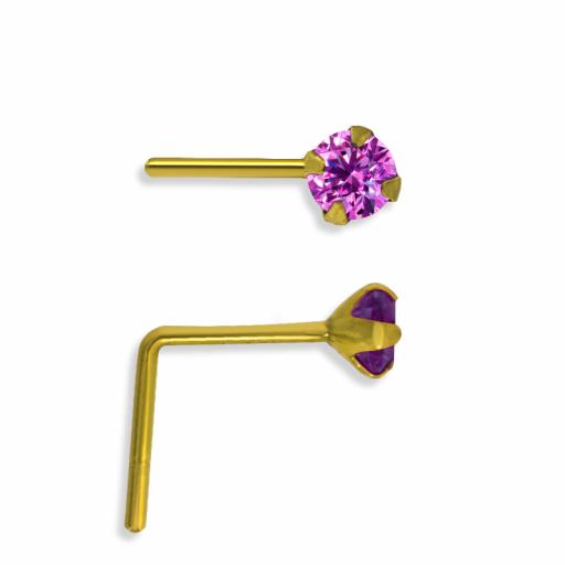 9ct Gold 2mm Round White Pink And Purple Cubic Zirconia Set Of 3 Claw Set Nose Studs