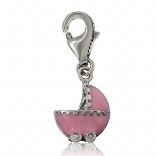 925 Sterling Silver 23mm Pink Pram Baby Buggy Drop Charm Pendant For Bracelets