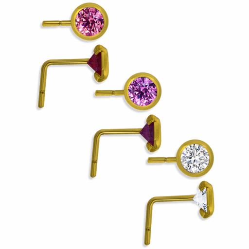 9ct Gold 3.5mm Round White Pink And Purple Cubic Zirconia Rub Over Nose Studs