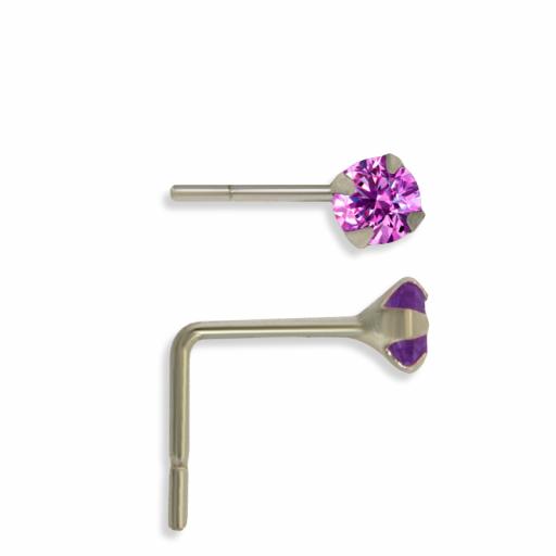 STERLING SILVER 2MM ROUND WHITE PINK AND PURPLE CUBIC ZIRCONIA CLAW SET NOSE STUDS SET OF 3 STUDS