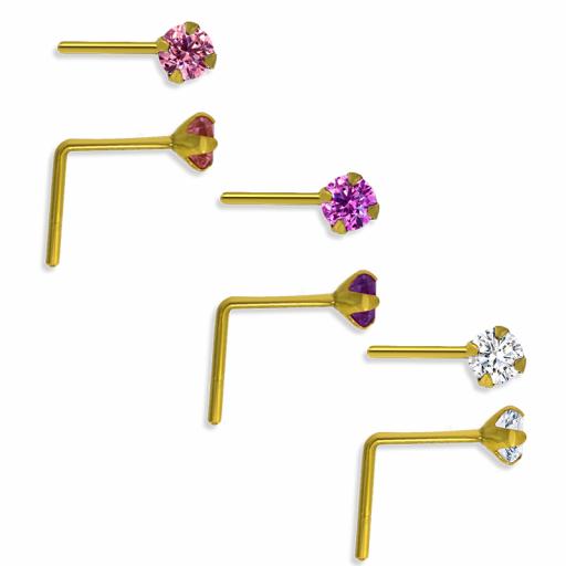 9ct Gold 2mm Round White Pink And Purple Cubic Zirconia Set Of 3 Claw Set Nose Studs