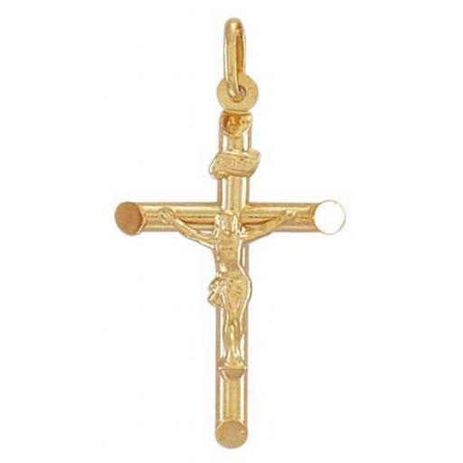 375 9ct Gold Yellow 41x22mm Tubular Crucifix With Bevelled Edge Gift Box