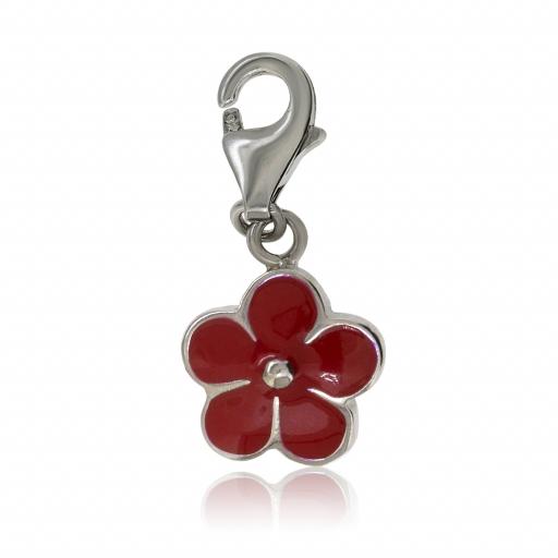 925 Sterling Silver 22mm Red Daisy Flower Drop Pendant Charm Bracelet Gift Box