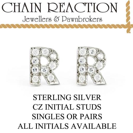 STERLING SILVER CUBIC ZIRCONIA CZ ANY INITIAL LETTER STUD EARRING SINGLE OR PAIR