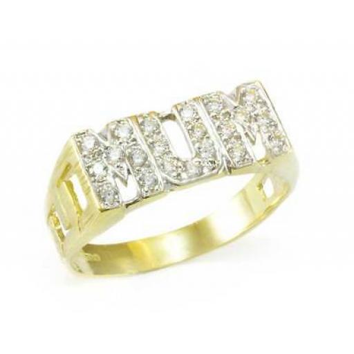 9ct Gold Mum Curb Link Pattern Sides Ring With Pave Set Cubic Zirconia