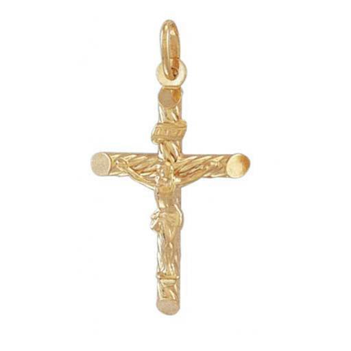 375 9ct Gold Yellow 33x20mm Ribbed Tubular Crucifix With Bevelled Edge Pendant