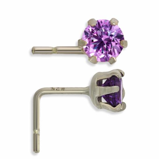 STERLING SILVER 3.5MM ROUND WHITE PINK AND PURPLE CUBIC ZIRCONIA CLAW SET NOSE STUDS SET OF 3 STUDS