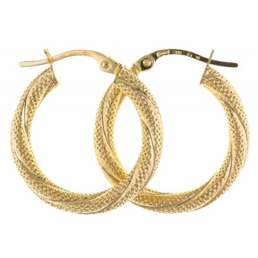 375 9ct Gold 37x3mm Round Basket Weave Satin Twisted Tube Hoop Earrings Gift Box