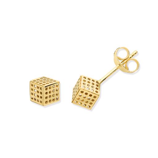 9ct Yellow Gold Dotted Cube Stud Earrings