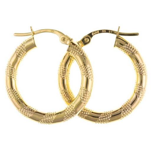 375 9ct Gold 20x3mm Round Satin Tiger Stripe Tube Hoop Earrings Gift Box