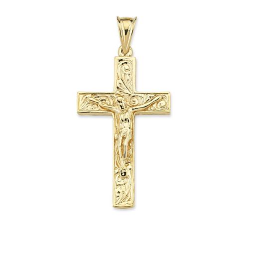 9ct Yellow Gold Embossed Square Crucifix Cross Pendant Gift Box
