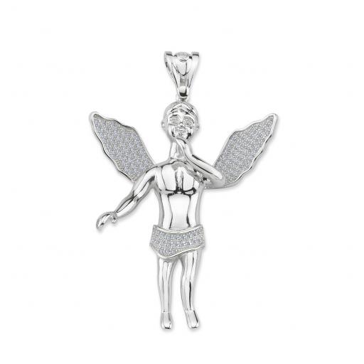Sterling Silver CZ Spread Winger Cherub Angel Pendant