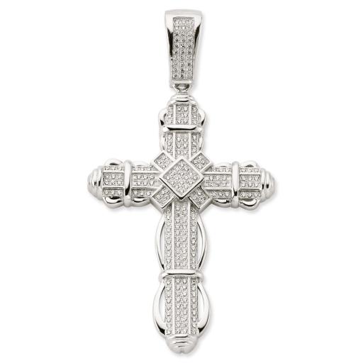 Sterling Silver CZ Pave Curved Edge Cross Pendant