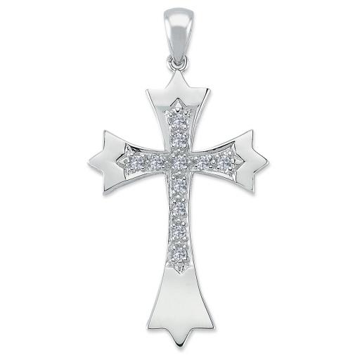 925 Sterling Silver 48x30mm Cubic Zirconia Flared Polished Cross Pendant