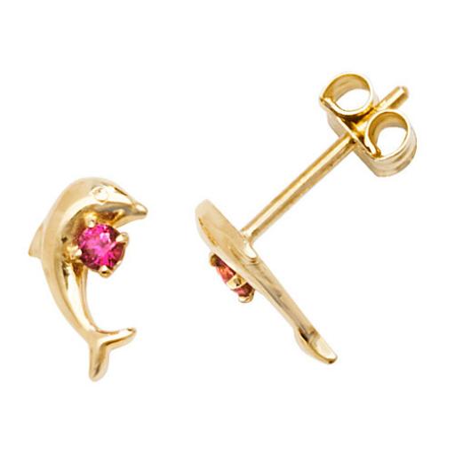 9ct Yellow Gold Pink CZ Dolphin Stud Earrings