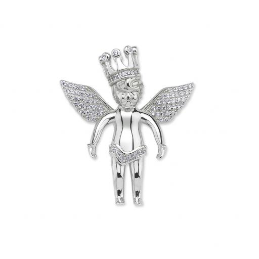 Sterling Silver CZ Winger Cherub Angel With Crown Pendant