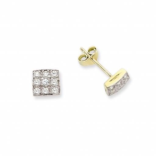9CT GOLD CUBIC ZIRCONIA 6MM 3X3 SQUARE STUD PAVE SET COLLETTE EARRINGS