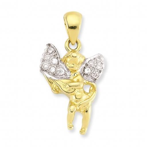 9ct Gold Cubic Zirconia 20x16mm Winged Cherub Angel Pendant