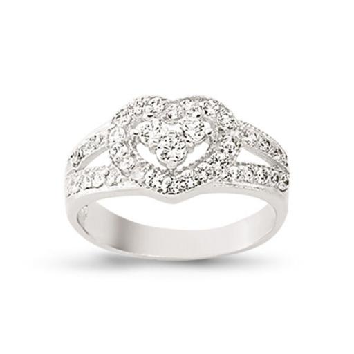 9ct White Gold CZ Heart In Heart Ring