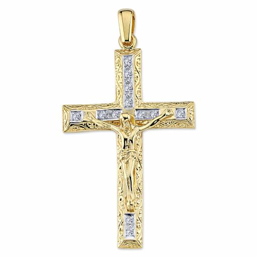 9ct Gold Cubic Zirconia Flat Crucifix Cross Pendant Gift Box