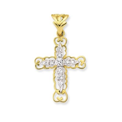 9ct Gold 32x19mm Flared Filigree Cubic Zirconia Crucifix Cross Pendant
