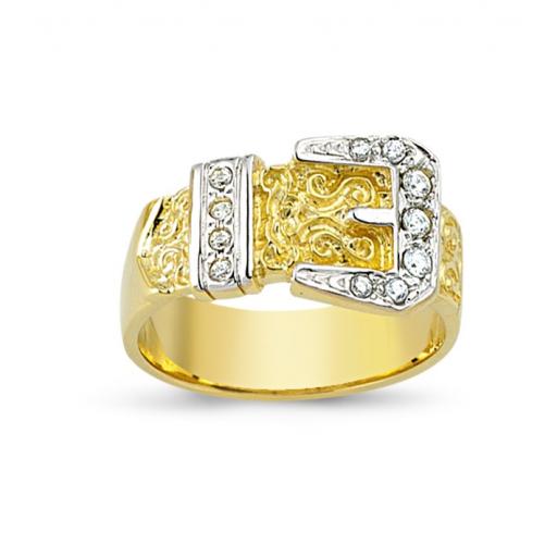 9ct Gold Cubic Zirconia Buckle Signet Ring Barked Side Pattern