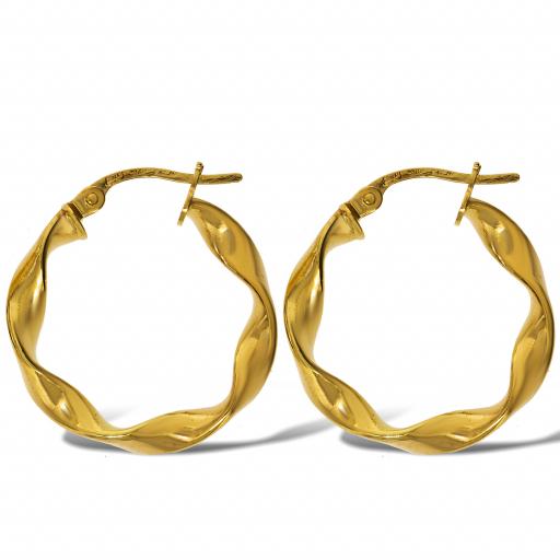 9ct Gold 15x3mm Shiny Ribbon Candy Twist Tube Cable Hoop Creole Earrings Gift Box