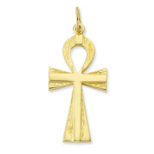 9ct Yellow Gold Egyptian Ankh Barked Edge Cross Pendant