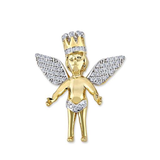 375 9ct Gold Cubic Zirconia Winged Cherub Angel With Crown Pendant 
