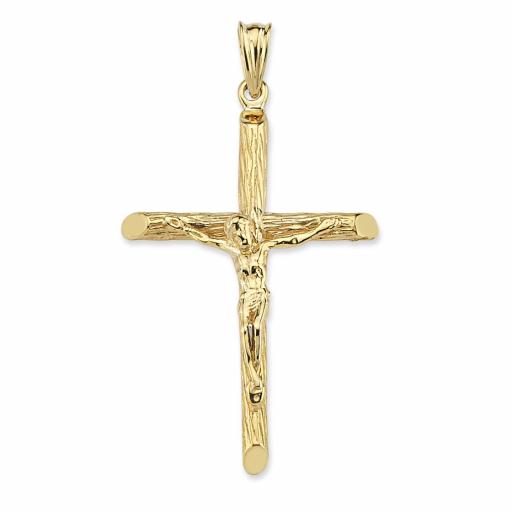 9ct Yellow Gold Barked Tube Crucifix Cross Pendant Gift Box