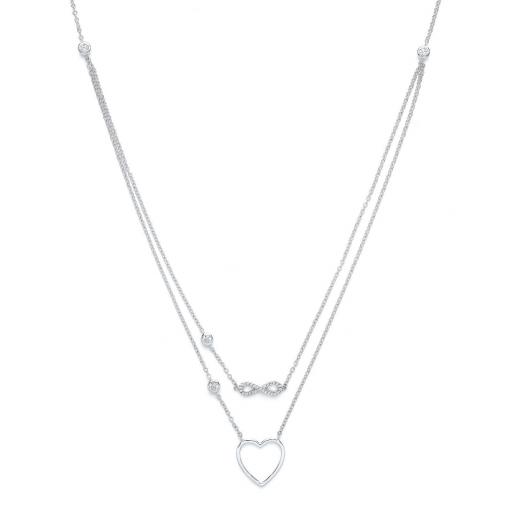 Sterling Silver 20" Multi Layer Trace Chain Heart And Infinity Cubic Zirconia Necklace