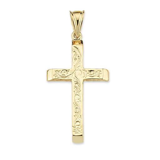 9CT YELLOW GOLD EMBOSSED SQUARE BEVELLED EDGE CROSS PENDANT GIFT BOX