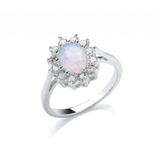 Sterling Silver Cz Ring Ladies 14x12mm Oval Opal Cubic Zirconia Halo Cluster Dress Band Gift Box